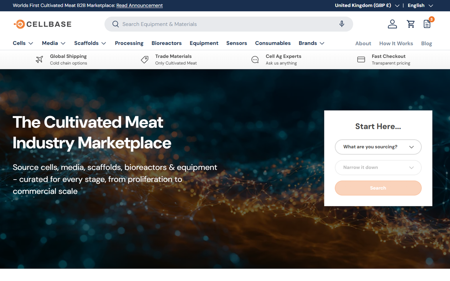 Cellbase marketplace homepage showing the cultivated meat industry marketplace