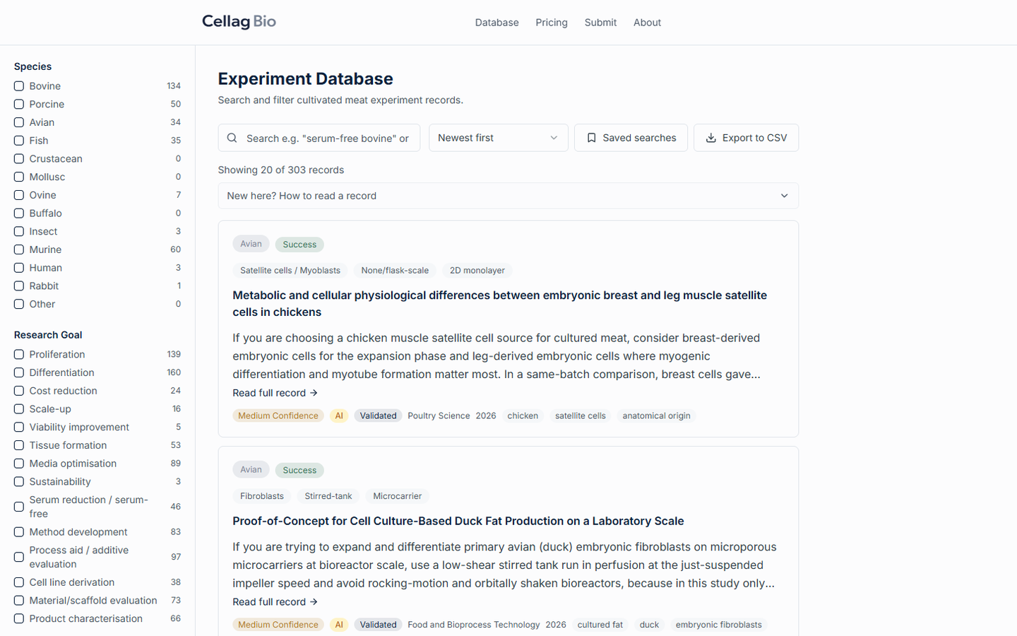 Cellag Bio experiment database with filtered search and graded evidence records