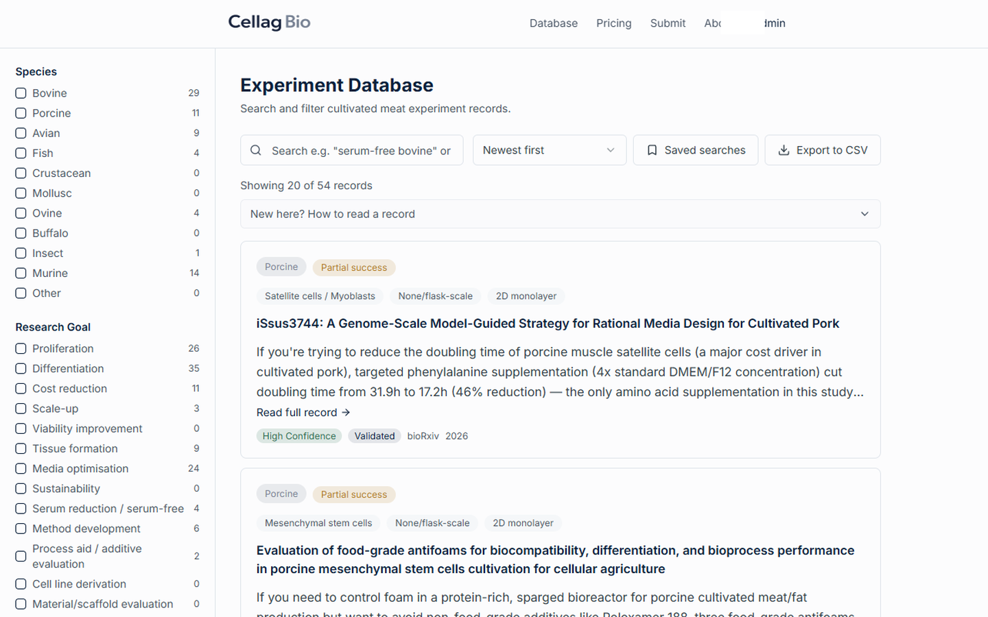 Cellag Bio experiment database with filtered search and graded evidence records