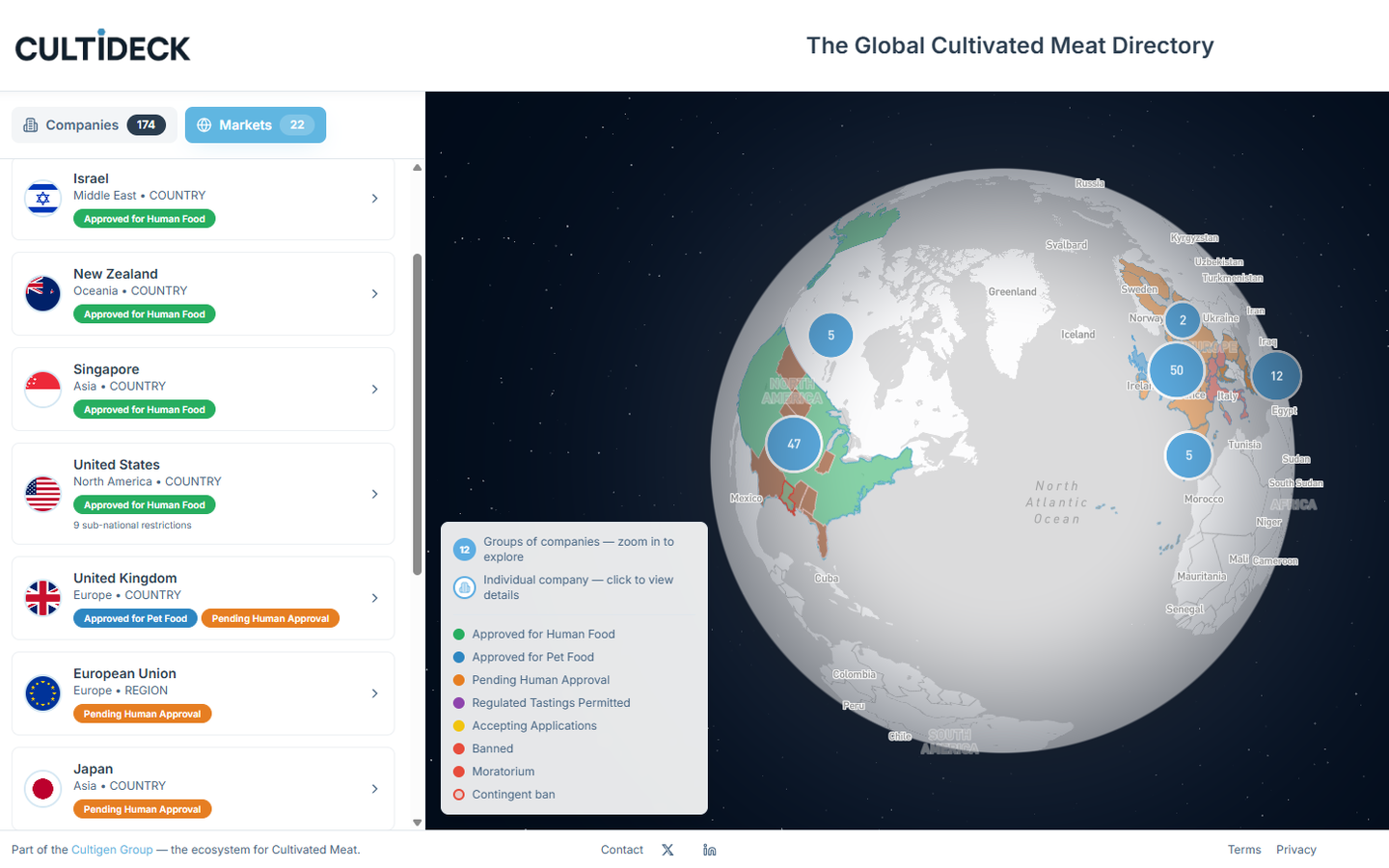 Cultideck global cultivated meat directory with interactive map and country listings